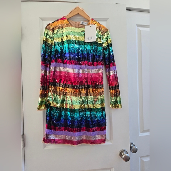 NWT!! Mac Duggal, Multicolor Long Sleeve Sequin Rainbow Dress, MSRP $598 - Picture 4 of 11